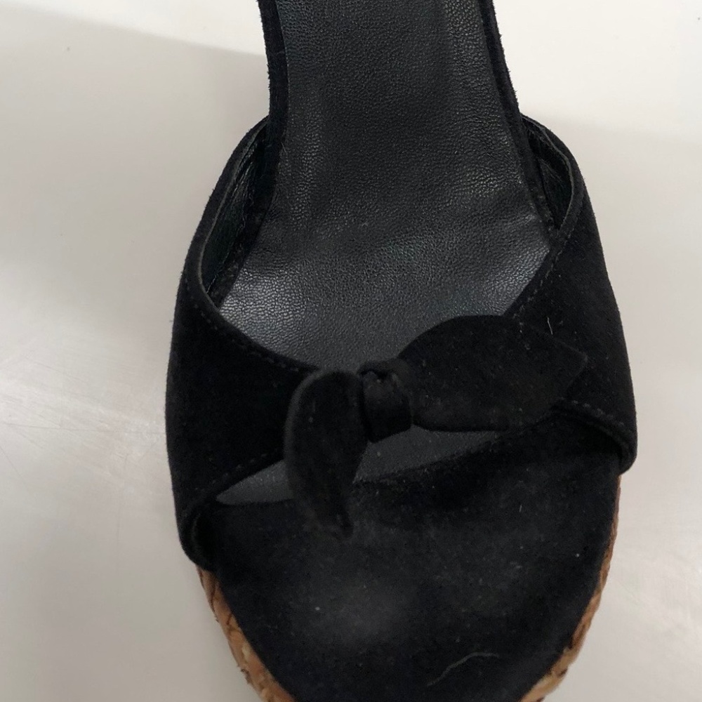 PRADA BLACK SUEDE + WICKER WEDGE PEEP TOE SANDALS - Picture 6 of 8